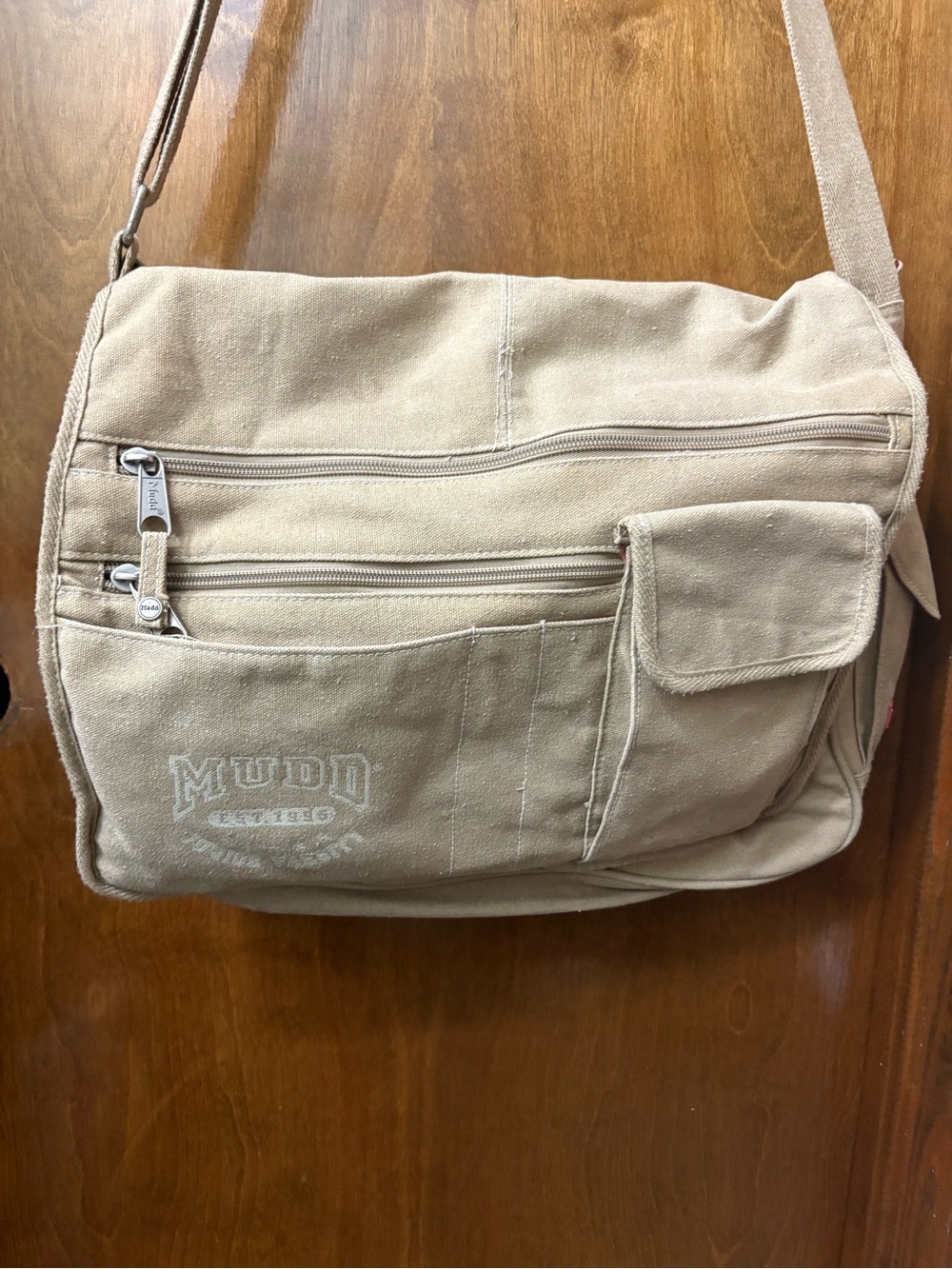 Mudd Canvas Messenger Bag in Tan & Patriotic inside colors